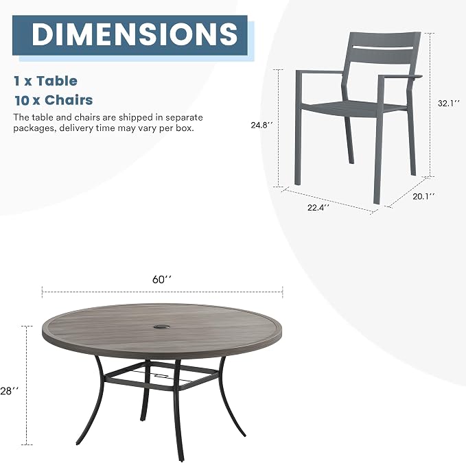 DIFY 11 Piece Outdoor Patio Dining Set for 10, Patio Table and Chairs Set with Umbrella Hole, 60" Round Dining Table and Stackable Metal Chairs for Backyard Garden Poolside, Grey Wood-Like & Grey