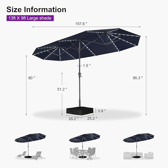 PURPLE LEAF 13ft Double-Sided Patio Umbrella with Solar Lights Outdoor Market Umbrella with Base and Crank Handle Table Umbrella for Backyard Pool Garden Deck, Navy blue