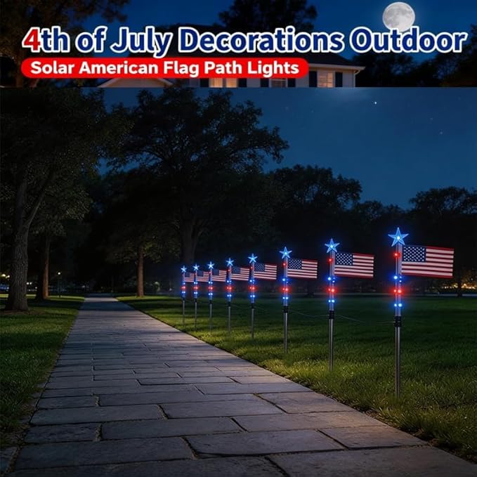4th of July Decorations Outdoor, 8 Piece Flag Light Set with Timer, Red White and Blue Solar Pathway Lights, American Flag Yard Garden Lights IP65 Waterproof(8-Piece Flag Light Set)