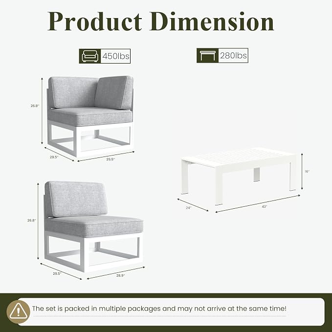 LayinSun 7 Pieces Modern Aluminum Patio Furniture Set with Coffee Table, Outdoor Modular Sectional Conversation Set L-Shaped Sofa for Backyard