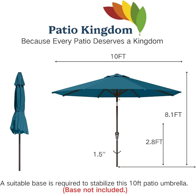 10FT Patio Umbrella Outdoor Market Umbrella with Crank and Tilt, 8 Flexible Fiberglass Ribs, UV-Resistant Waterproof Canopy for Patio, Deck, Garden, Backyard, Lake Blue