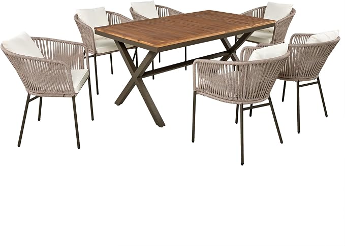7PCS Outdoor Dining Set, Patio Table and Chairs Set for 6, Rope Weaving Patio Chairs with Thickened Cushions & Rectangular Dining Table with Metal Frame and Acacia Wood Tabletop, Beige