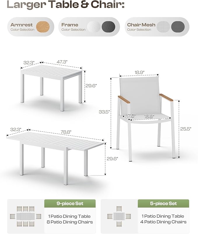 Outdoor Aluminum Patio Dining Table Set for 8 Person, Expandable Outdoor Table and 8 Chairs with Textilene Fabric & HDPS Armrest, All-Weather Patio Furniture Set for Yard, Garden, White