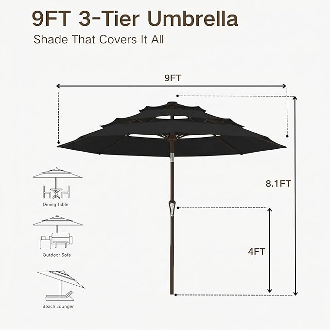 Kingdura 9ft 3-Tier Patio Umbrella, Outdoor Table Umbrella with Easy Crank & Tilt, 8 Reinforced Ribs, UV Protection for Deck, Pool, Market, Backyard (Black)