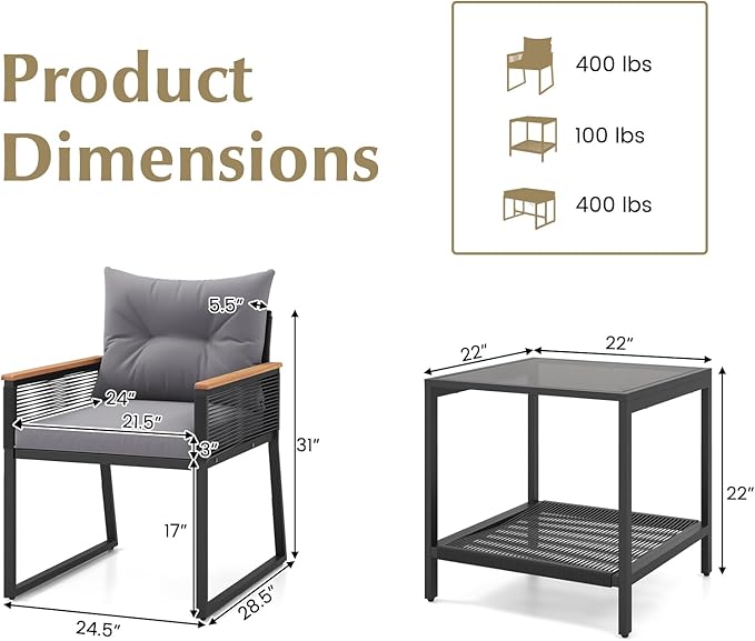 HAPPYGRILL 3 Pieces Patio Furniture Set PE Rattan Wicker Chairs with 2 Tier Coffee Table, Soft Back and Seat Cushions, Outdoor Conversation Set for Backyard, Garden and Poolside