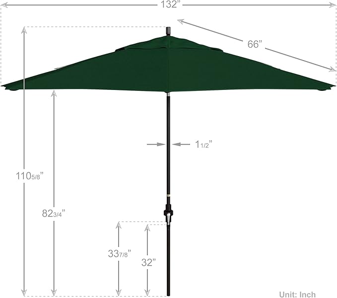 California Umbrella 11Ft Premium Patio Umbrella, Hand-Crank, Tilt-Collar, Bronze Frame, Solution Dyed Hunter Green Fabric