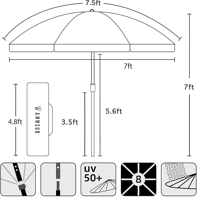 AMMSUN 7.5ft Heavy Duty HIGH Wind Beach Umbrella Commercial Grade Patio Beach Umbrella with Air Vent Ash Wood Pole & Carry Bag UPF 50+ Protection American flag