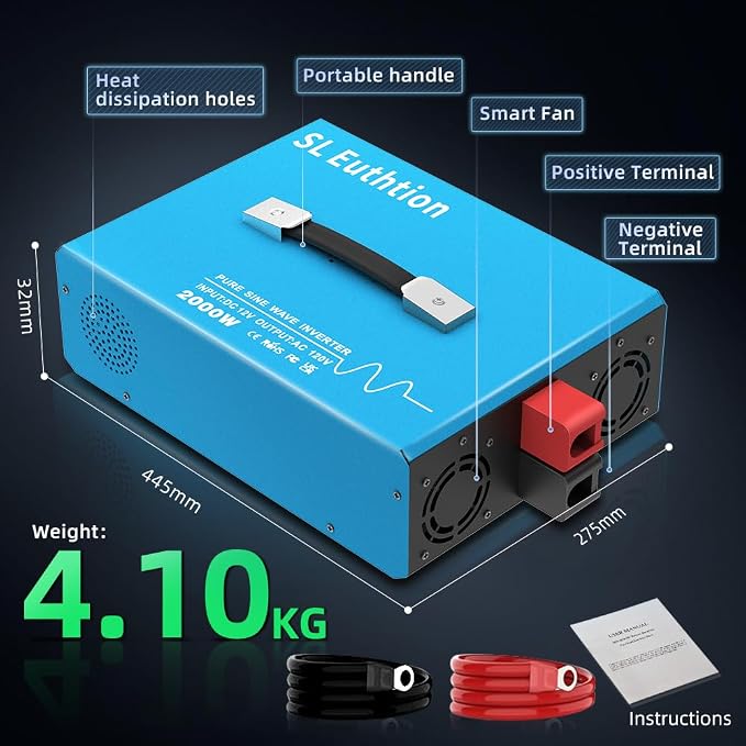 2000W Pure Sine Wave Power Inverter Voice Control AI Voice Assistant Support English 12V to 120V 60HZ with LCD Display, USB Port, for Car Home Laptop Truck