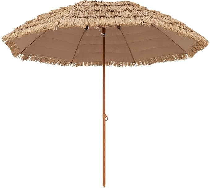 Tangkula 8Ft Tiki Patio Umbrella, UPF50+ Hawaiian Style Outdoor PE Grass Umbrella with 8 Ribs, Portable Thatched Beach Umbrella for Garden, Yard, Poolside