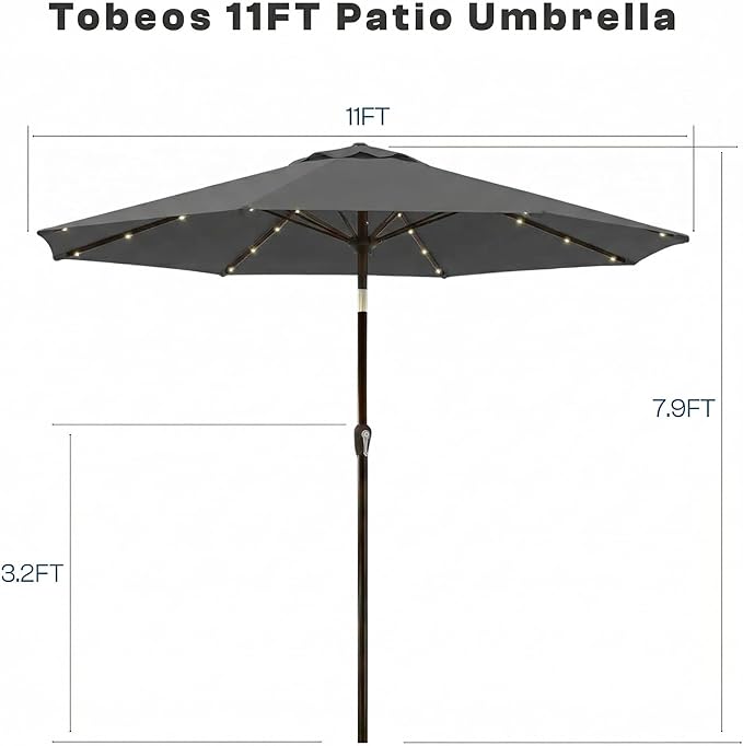 11FT Solar Lighted Patio Umbrella, Outdoor Table Market Umbrellas with Crank Lift, 32 LED Lights, 8 Sturdy Ribs, UV-Resistant for Deck, Garden, Pool