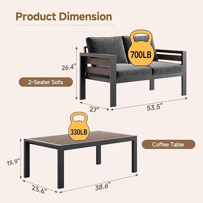 Glonerle Outdoor Aluminum Patio Furniture Set, 2 Seat Patio Conversation Loveseat with 28D Thick Washable Cushions and Coffee Table, Oversized Metal Sectional Sofa Set for Backyard Porch Deck Dalcony