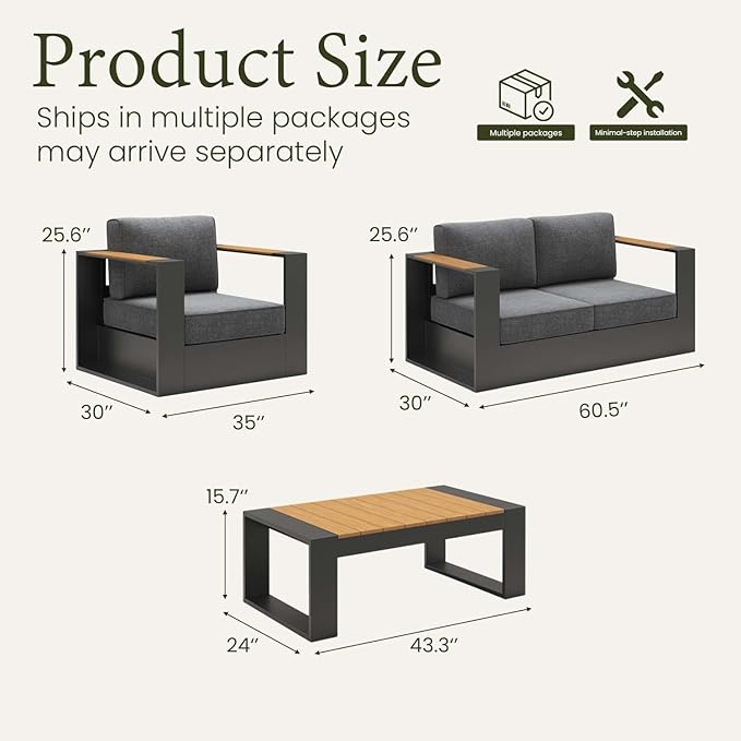 LayinSun 4 Pieces Aluminum Patio Furniture Set with Coffee Table, Oversized Outdoor Conversation Set 4 Seats with 6" Thick Cushions for Outside Porch, Balcony, Deck