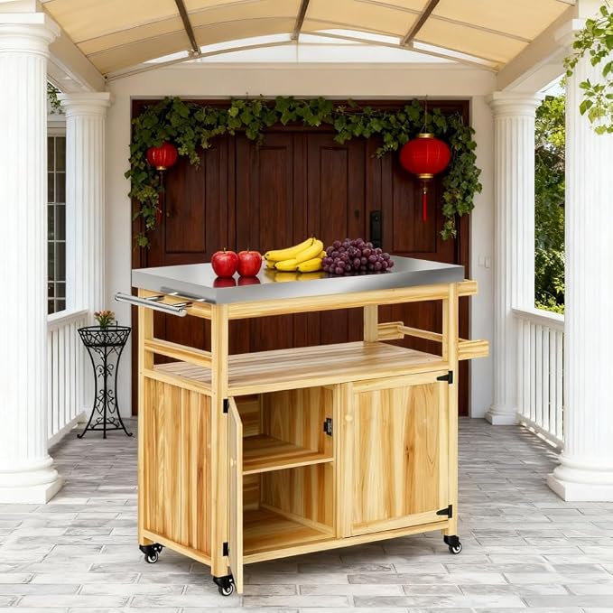 Outdoor Storage Cabinet and Grill Cart with Stainless Steel Top, Rolling Patio Kitchen Island for BBQ Tools and Pizza Oven, Solid Fir Wood Storage Box with Wheels, 43 x 20 x 36 Inches
