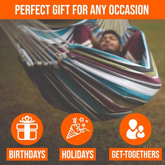 Castaway Living Large Gray Multicolor Stripe Brazilian Double Hammock with Matching Storage Bag, Designed in The USA, Perfect for Backyard, Patio, Bedroom, Beach & More