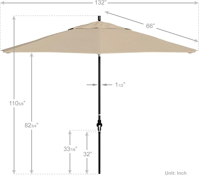 California Umbrella 11Ft Fiberglass Rib Patio Umbrella, Hand-Crank, Tilt-Collar, Black Frame, Solution Dyed Beige Fabric