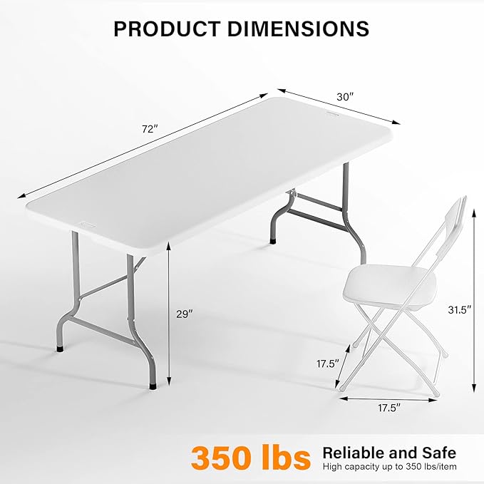 VINGLI 6 FT Plastic Folding Table Set with 6 White Folding Chairs for Picnic, Event, Training, Outdoor Activities, at Home and Commercial Use