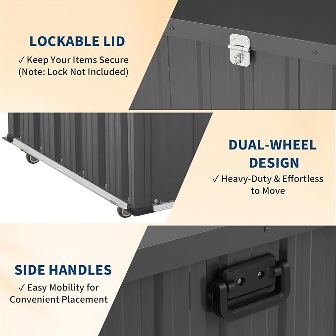 Metal Deck Box Outdoor Patio Storage Container with Wheels, 120 Gallon Heavy-Duty Steel Storage Chest Built with Galvanized Frame & Coated Panels, Large Weather-Resistant Bin for Deck, Porch, Pools