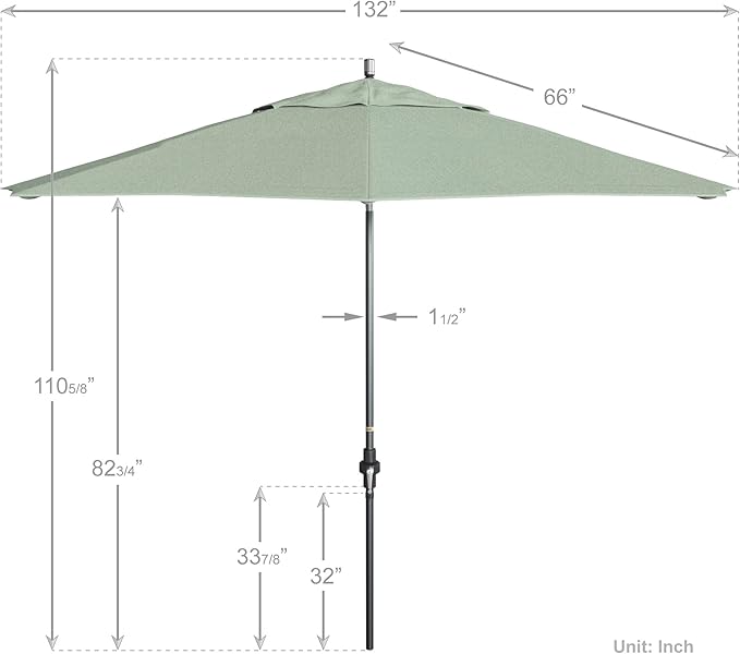 California Umbrella 11Ft Premium Sunbrella Patio Umbrella, Hand-Crank, Tilt-Collar, Gray Frame, Spa Fabric