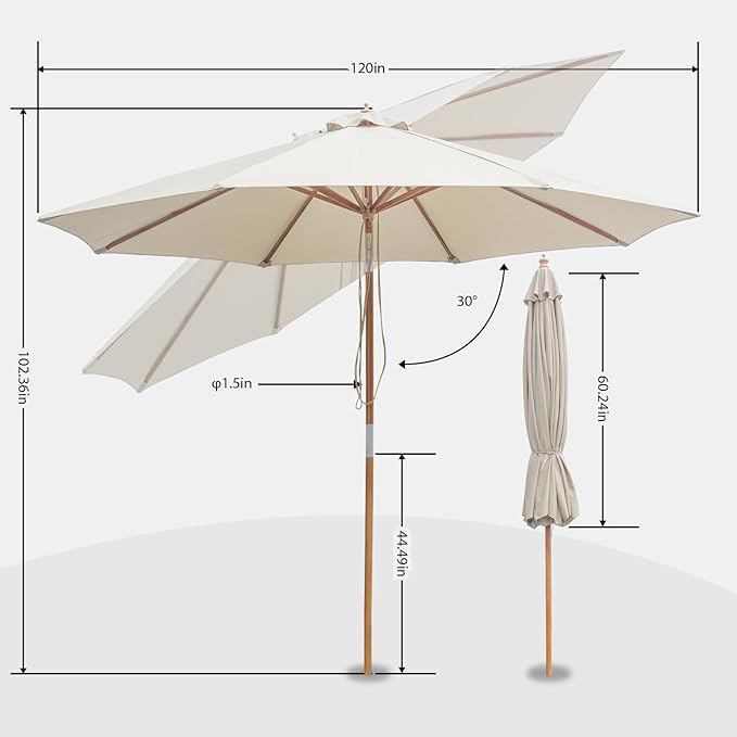 9FT/10FT Bamboo Patio Umbrella, Large Outdoor Umbrella with UPF 50+ Sun Protection, Rope Pulley Lift & Push-Button Tilt, 8-Rib Ventilated Canopy for Garden, Deck, Backyard & Outdoor Dining