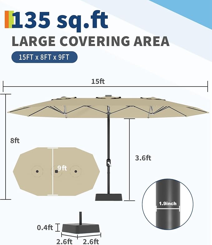 GarveeLife Large Patio Umbrella with Base Included, Double-Sided Rectangle Market Umbrella with Cross Base and Sandbag for Pool Lawn Garden (Beige, 15 ft)