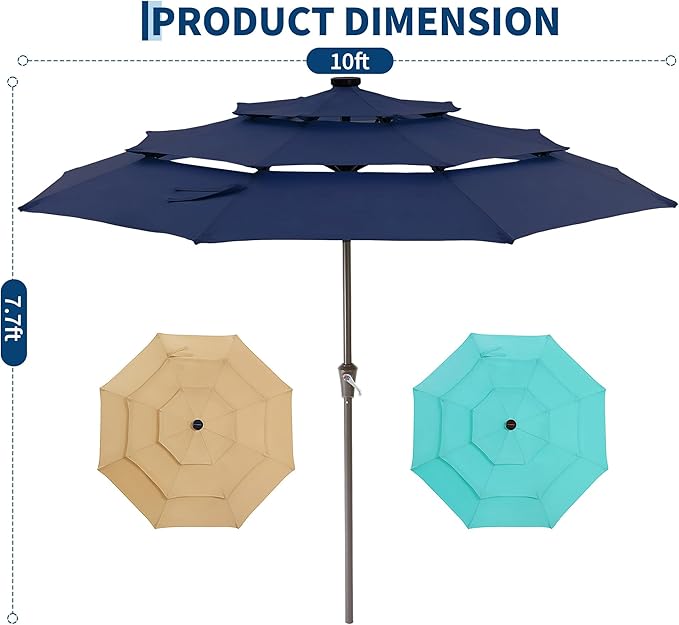 Garvee 9ft 10ft Patio Umbrella with Solar Lights, 3-Tier Umbrella Outdoor Patio with LED Lights, Ventilation, Easy Crank & Tilt, 8 Sturdy Ribs, UV Protection, Large Patio Umbrella for Deck, Pool