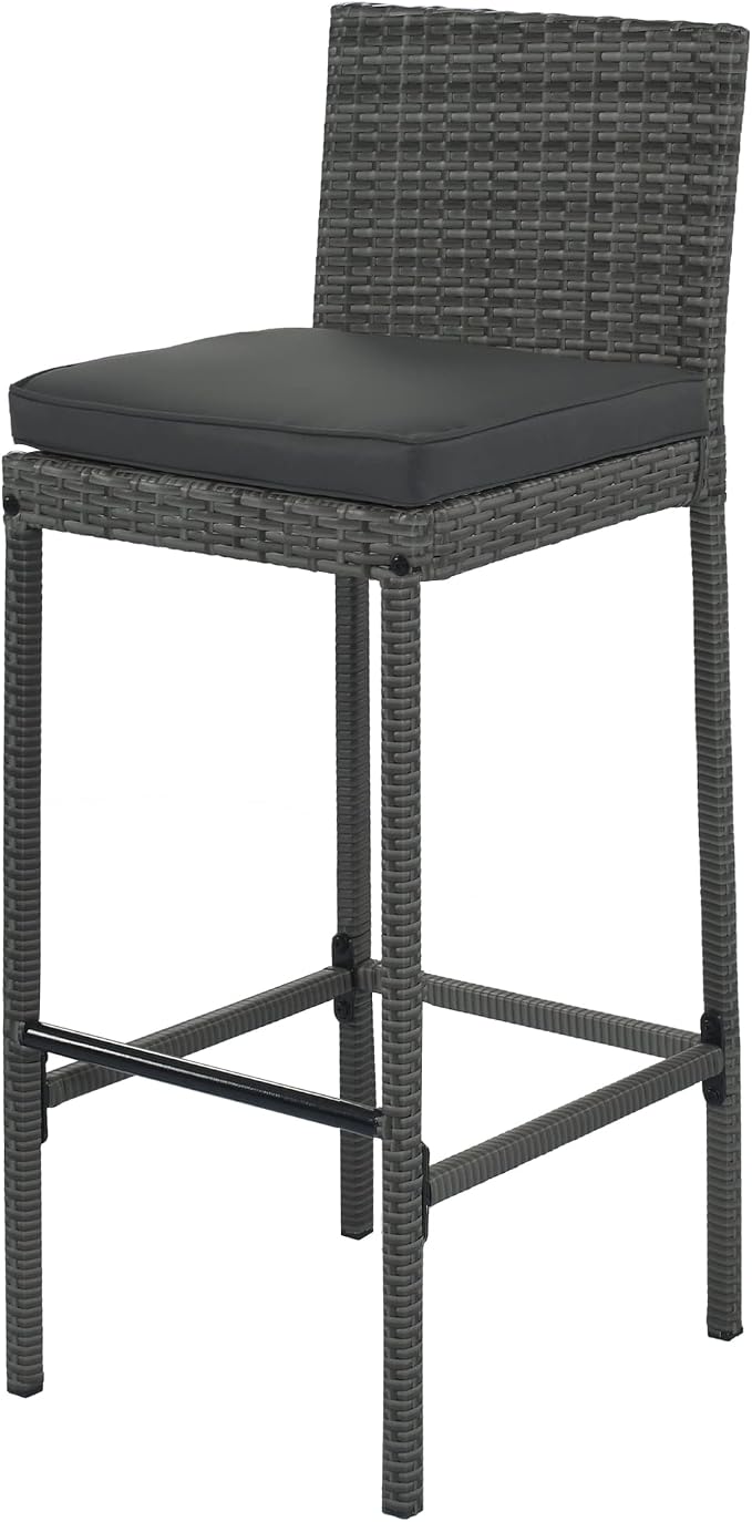 WILLIAMSPACE Patio Bar Table Set of 5, Outdoor Wicker Height Bar Table & 4 Chairs with Cushions & Wood Tabletop, Bistro Set for Backyards Porches (Brown+Grey)