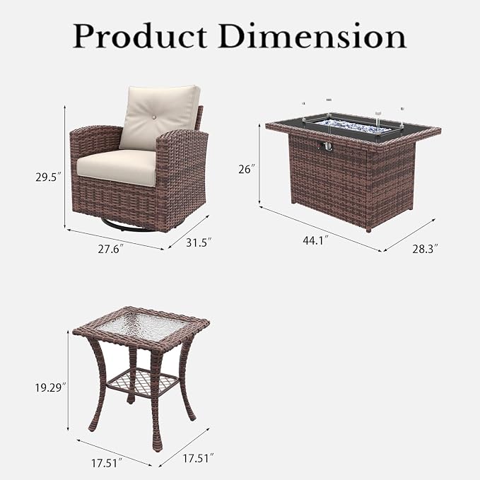 LayinSun 7 Pieces Patio Furniture Set with Swivel Chairs, Rattan Wicker Rocking Glide Chairs with 44" Propane Gas Fire Pit Table Conversation Set