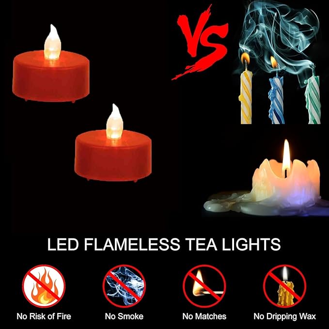 Hanzim LED Tea Lights Candles- 12PACK Red Flameless Candles Realistic and Bright Flickering Long Lasting 200Hours for Holiday Celebration,Party, Home Decoration,Battery Operated