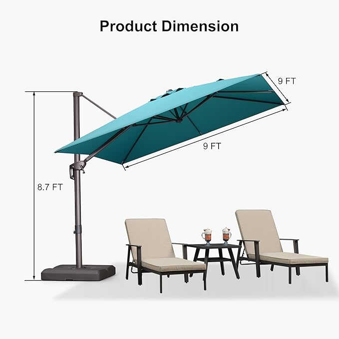 PURPLE LEAF 9' X 9' Patio Umbrella With Base Antique Bronze Square Cantilever Umbrella Outdoor with 360° Rotation and Aluminum Offset Hanging for Pool Deck Garden Backyard, Turquoise