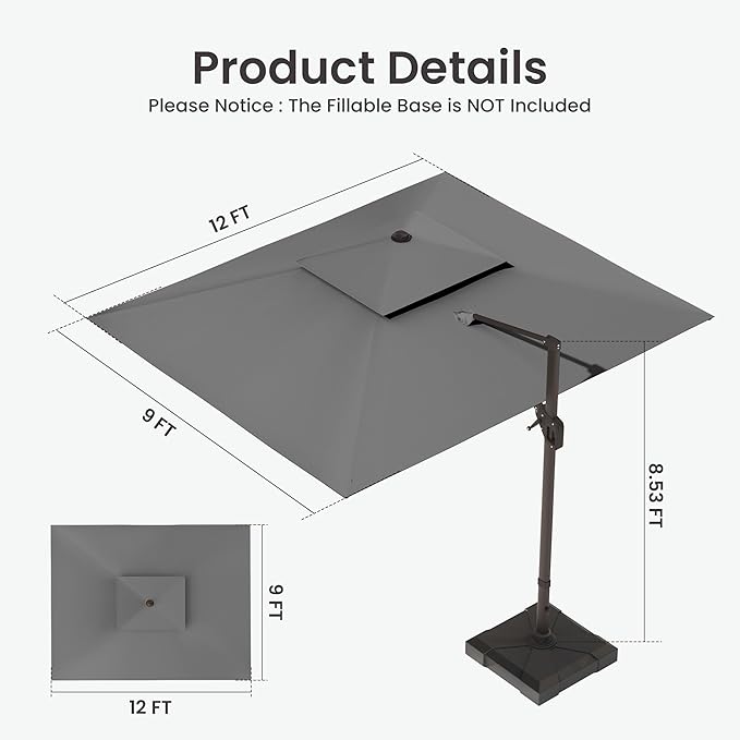 9x12 FT Cantilever Patio Umbrella with Led Lights Double Top Outdoor Rectangular Large Heavy Duty Aluminum Offset Umbrellas with 7 Level Tilt 360-degree Rotation for Pool Garden Deck, Grey