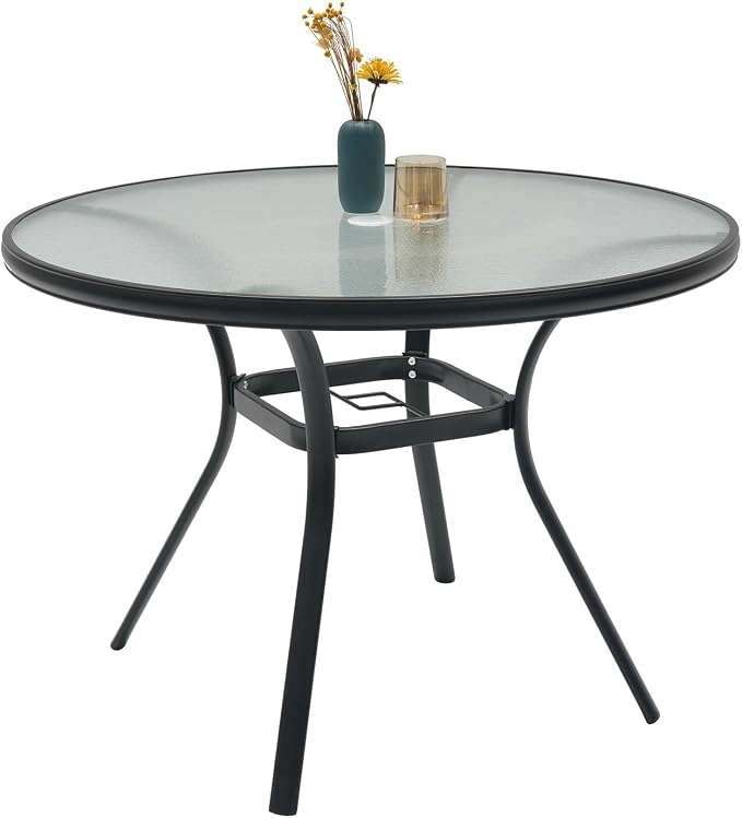 Outdoor Patio 40" Glass Table and Aluminum Chairs Dining Set 5 for 4 Person | Aluminum Frame Chairs, Resin Chair Seat, Resin Chair Back, 4 Piece Chairs, 1 Piece Black Glass Round Table