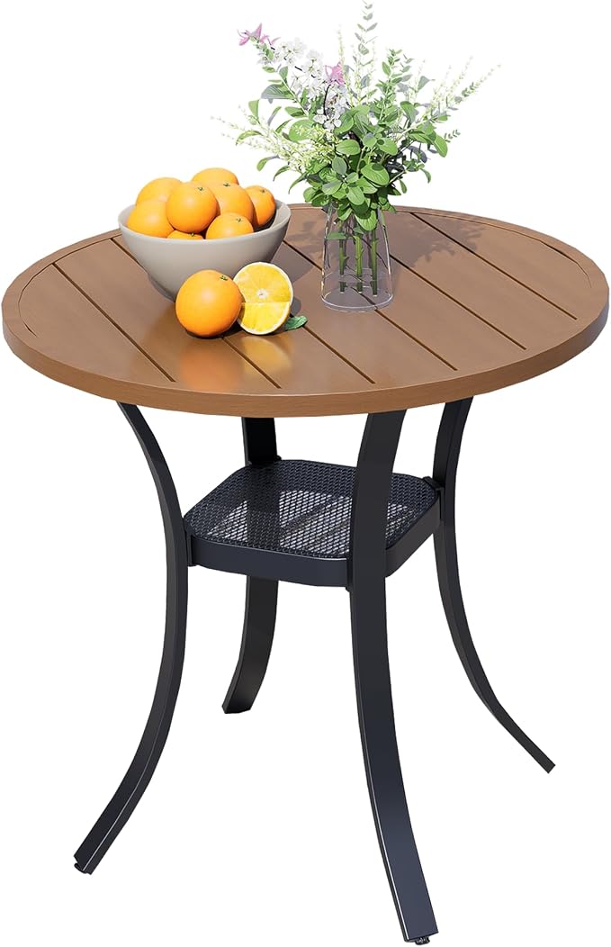 27.5'' Outdoor Patio Table with Storage Shelf, Heavy Duty 400lbs Capacity Round Metal Garden Table, All-Weather Walnut Tabletop for Deck, Balcony, Bistro, 2-4 Person