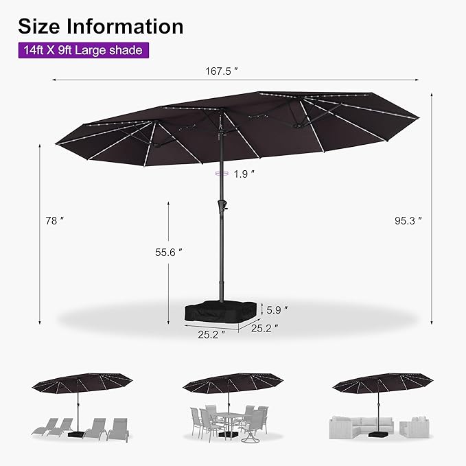 PURPLE LEAF 14ft Patio Umbrella with Solar Lights Outdoor Double-Sided Market Umbrella with Base Included Rectangle Table Umbrella for Pool Garden Backyard, Light Grey