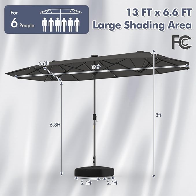HAPPYGRILL Double-Sided Patio Umbrella with Solar Lights, 13FT Large Umbrella with Base Included, Crank Handle, Market Twin Table Umbrella for Outdoor Backyard Garden Poolside