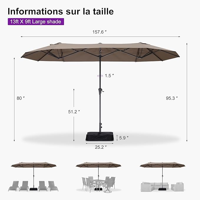 PURPLE LEAF 13ft Double-Sided Patio Umbrella with Base Included Market Rectangle Umbrella Outdoor Table Umbrella with Crank for Pool Garden Deck, Taupe