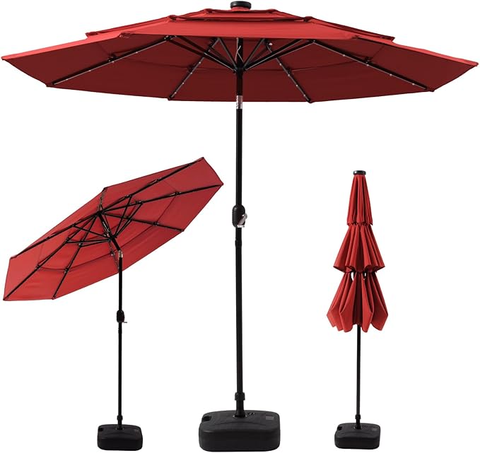 11FT 3 Tiers Patio Umbrella for Outside, Outdoor Umbrella with Solar LED Lights, Market Patio Table Umbrella with 8 Sturdy Ribs, Pool Umbrella for Garden, Pool, Backyard, Burgundy