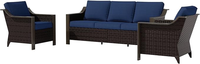 3 Piece Wicker Patio Conversation Set, All-Weather Use Outdoor Wicker Sofa with 2 PE Rattan Chair, Removable Water-Resistant Cushion, Ideal for Porch, Backyard, Balcony, Poolside, Blue