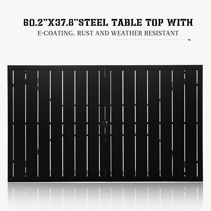 SOLAURA Outdoor Dining Table, 60" x 38" Patio Metal Steel Slat Table for 6-Person with 1.57" Umbrella Hole, for Gardens or Backyards, Black