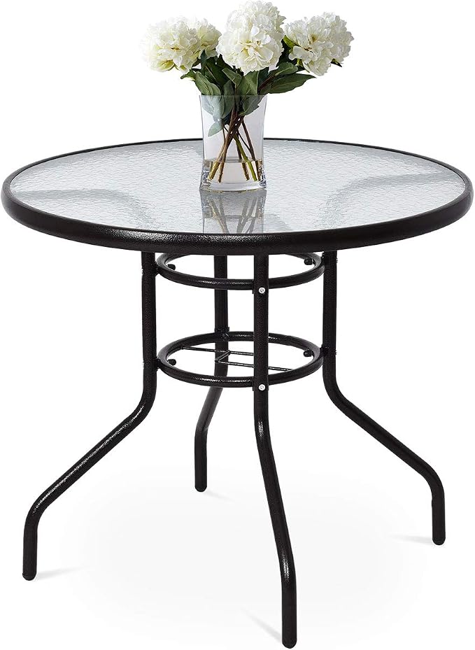 Tangkula 32-Inch Round Patio Dining Table with Tempered Glass Top, Metal Frame Outdoor Bistro Table with Umbrella Hole, Outside Table for Garden Poolside Balcony Yard