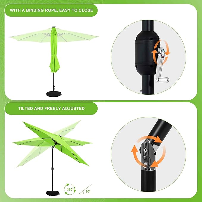 Sundale Outdoor Solar LED Patio Umbrella with Sand Bag Umbrella Base, Outdoor Umbrella with Tilt and Crank, Apple Green