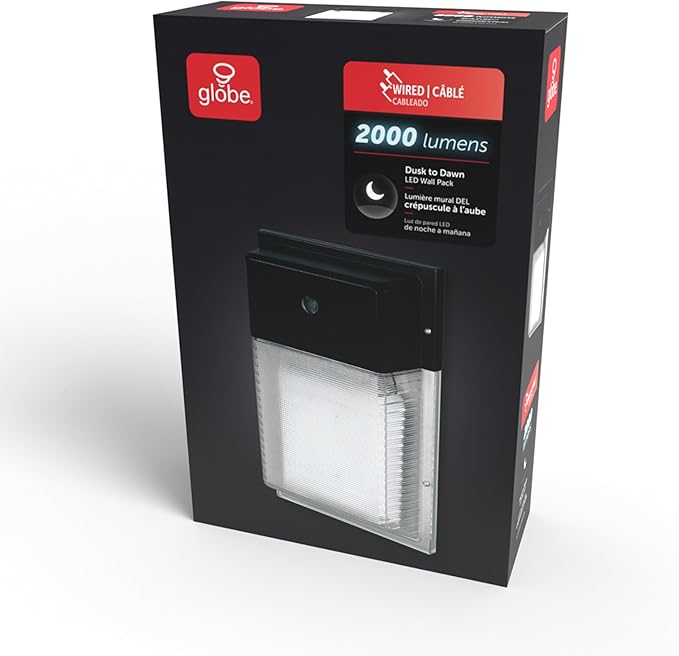 Globe Electric 23W Black Wall Pack 2000 Lumens Hardwired Automatic Dusk to Dawn Outdoor Integrated LED Flood Light Security Light, Spotlight, Outside House Lights