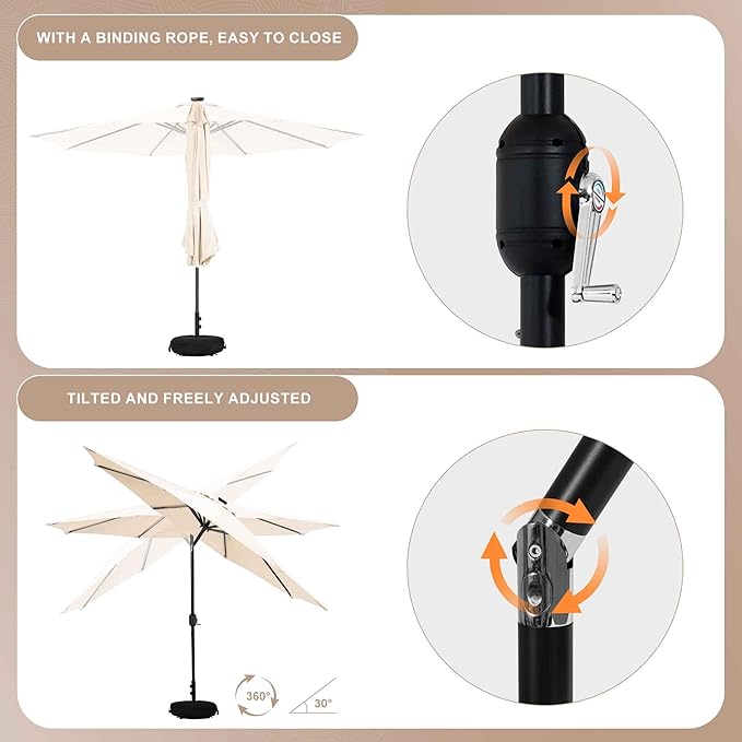 Sundale Outdoor Solar 104 LED 11 ft Patio Umbrella with Sand Bag Umbrella Base, Outdoor Umbrella with Tilt and Crank, Beige