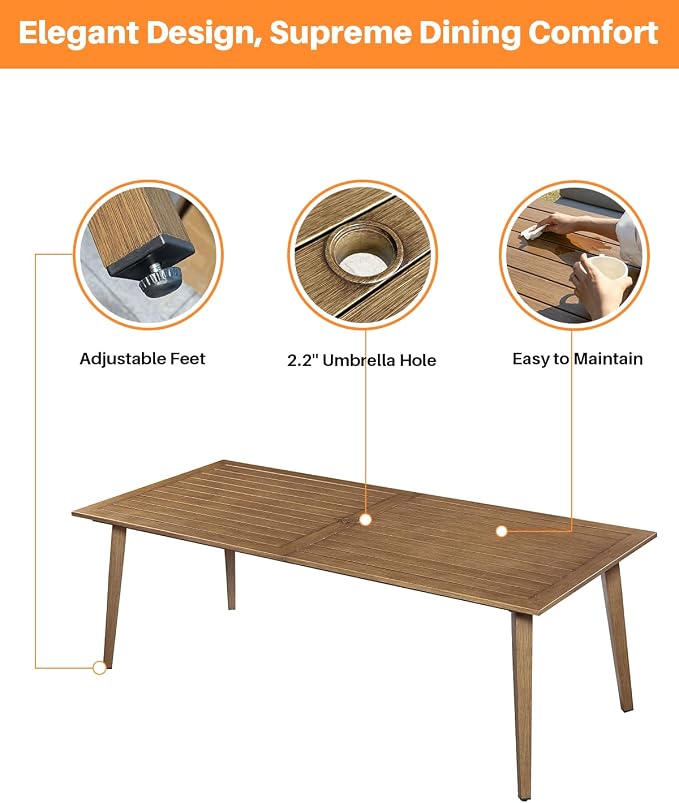 Never-Rust Outdoor Patio Dining Table for 8, 84.6"x38" Outdoor Aluminum Dining Table with 2.2" Umbrella Hole, 8 Person Patio Furniture Dining Table for Garden, Backyard, Porch, Teak