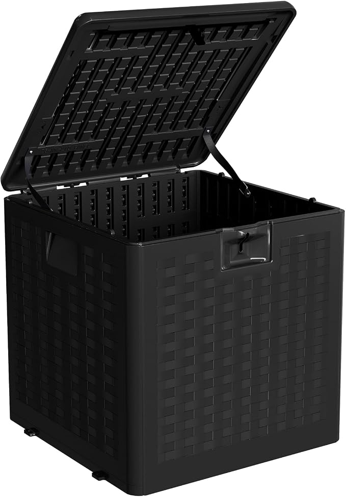 28 Gallon Blow Molded Storage Box, Imitation Rattan Pattern Outdoor Storage Bin with Lid, Large Plastic Deck Box for Patio, Balcony, Garage, Bedroom Indoor & Outdoor Organization
