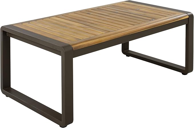 Large 4-Piece Outdoor Patio Sofa Set for 5 People,Garden Conversation Set with Removable Cushions,Metal & Wood Frame,Acacia Wood Tabletop,Modern Minimalist Design,Waterproof and UV-Proof, Brown
