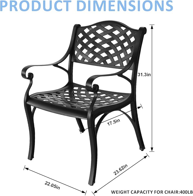 Patio Dinning Set Weather Resistant Cast Aluminum Patio Furniture Set with Umbrella Hole, Bistro Dining Set for Garden (48" x 48" Table B and 6 Chairs Black, 7 Pieces)