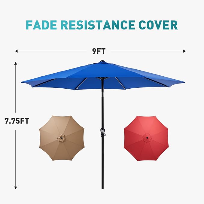 OLIXIS 9FT Patio Umbrella with Tilt and Crank Button & Sturdy Ribs Waterproof, 9Feet Patio Table Umbrella Perfect for Poolside, Terrace, Beach and Outdoor Restaurant