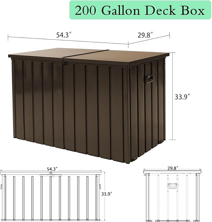 CHUNLY Metal Deck Box, 200 Gallon Outdoor Waterproof Storage Box w/Lockable Lids, Outside Bench w/Mobility Rollers, Patio Storage Bin for Furniture Cushions, Pool Supplies & Garden Tools (Dark Brown)