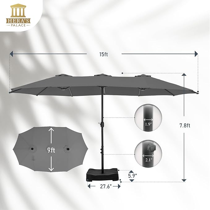 HERA'S PALACE Umbrella Patio Outdoor with Base 15ft Rectangle Table Double Market Heavy Duty Umbrellas Clearance Large Included Stand for Deck Outside Pool Picnic Inground Yard Commercial, Gray