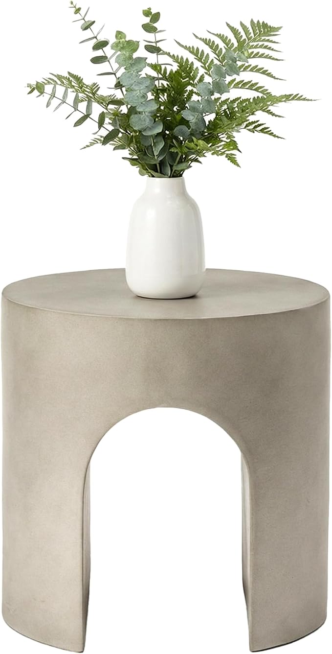 HOMPUS Outdoor Side Table w Hollow Arch, Concrete End Table, Round Patio MgO Coffee Lightweight, Modern Accent Vintage Garden Planter Stand for Indoor Outdoor Use, Grey